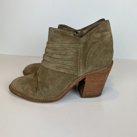 Loeffler Randall Ankle Booties 9 Khaki Green Gray Suede Leather Stacked Heel - Picture 5 of 16